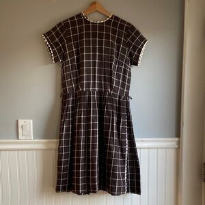 Vintage Windowpane Brown Cotton Dress with Scallop Trim